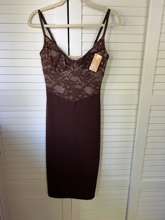 Popilush The Shapewear Dress Corset Style Lace Midi - Brown - Small