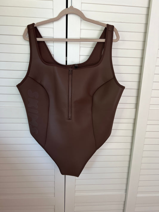 SKIMS Rubberized Scuba Swim Scoop Neck One Piece Bathing Suit - Cocoa Brown - 4X