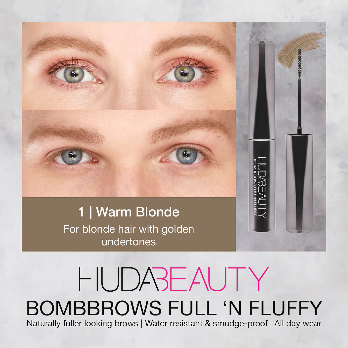 #BombBrows Full ‘n Fluffy Volumizing Fiber Gel - 1 Warm Blonde - for blonde hair with golden undertone - Huda Beauty