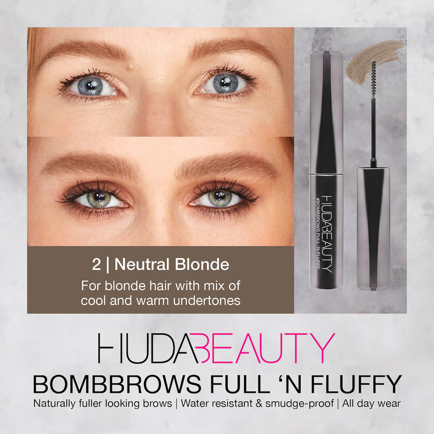 #BombBrows Full ‘n Fluffy Volumizing Fiber Gel - 2 Neutral Blonde - for blonde hair with mix of cool and warm undertones - Huda Beauty